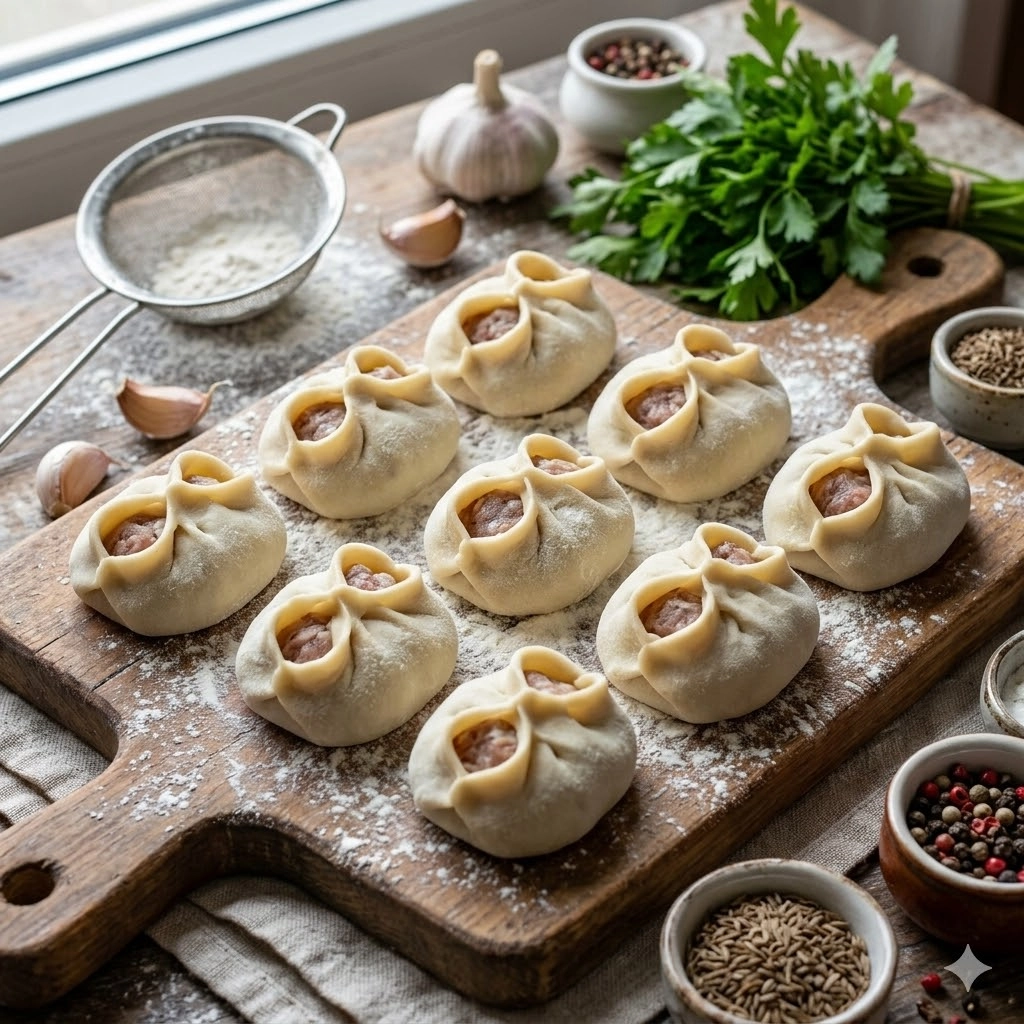 Традиционные восточные манты с говядиной и луком перед варкой.