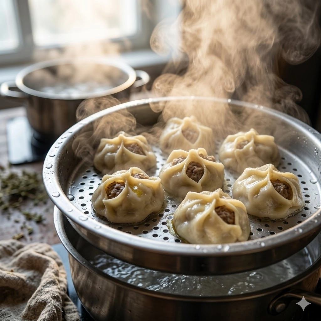 Горячие манты на пару со сливочным маслом и зеленью.
