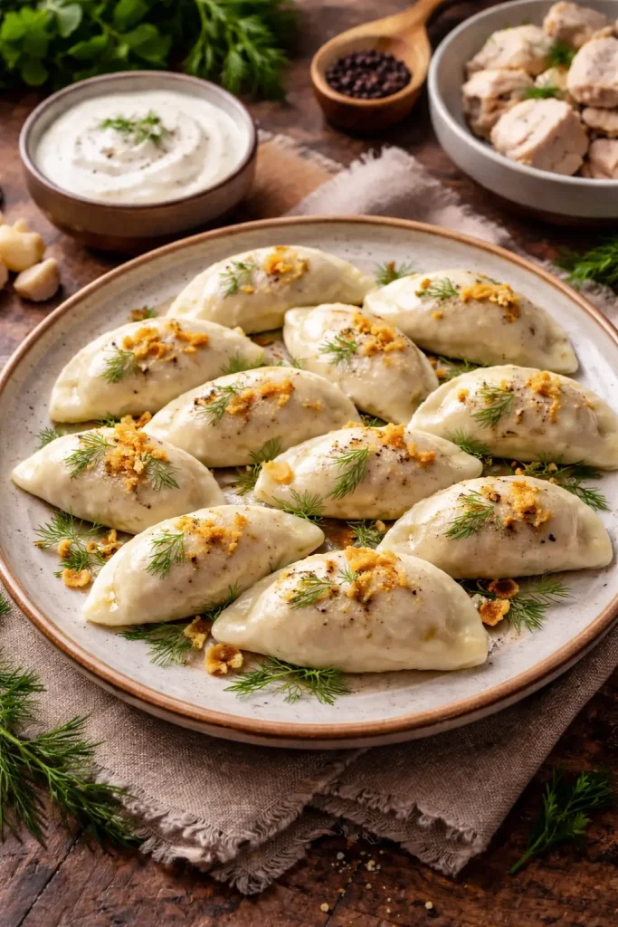 Сочный разрез пельменя с курятиной, демонстрирующий тонкое тесто.