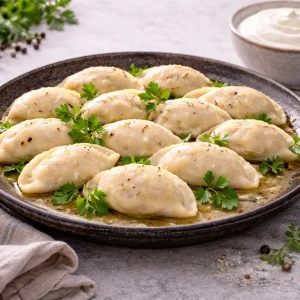 Тарелка горячих пельменей со свининой со сметаной и зеленью.