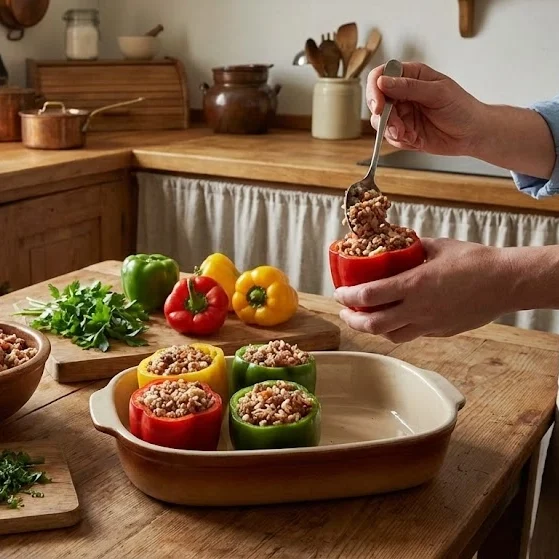 Замороженные фаршированные перцы, подготовленные к приготовлению.