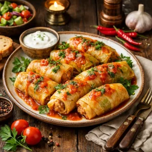 Домашние голубцы с говядиной и рисом в капустных листах.