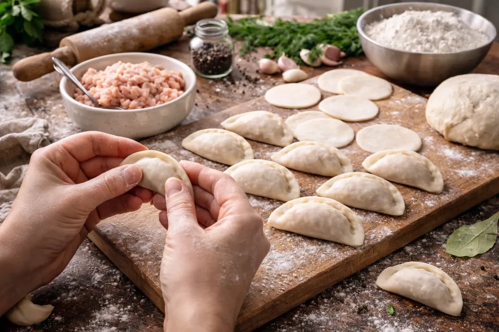 Процесс ручной лепки домашних пельменей с куриным фаршем.