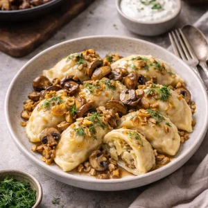 Домашние вареники с картофелем и лесными грибами на тарелке со сметаной