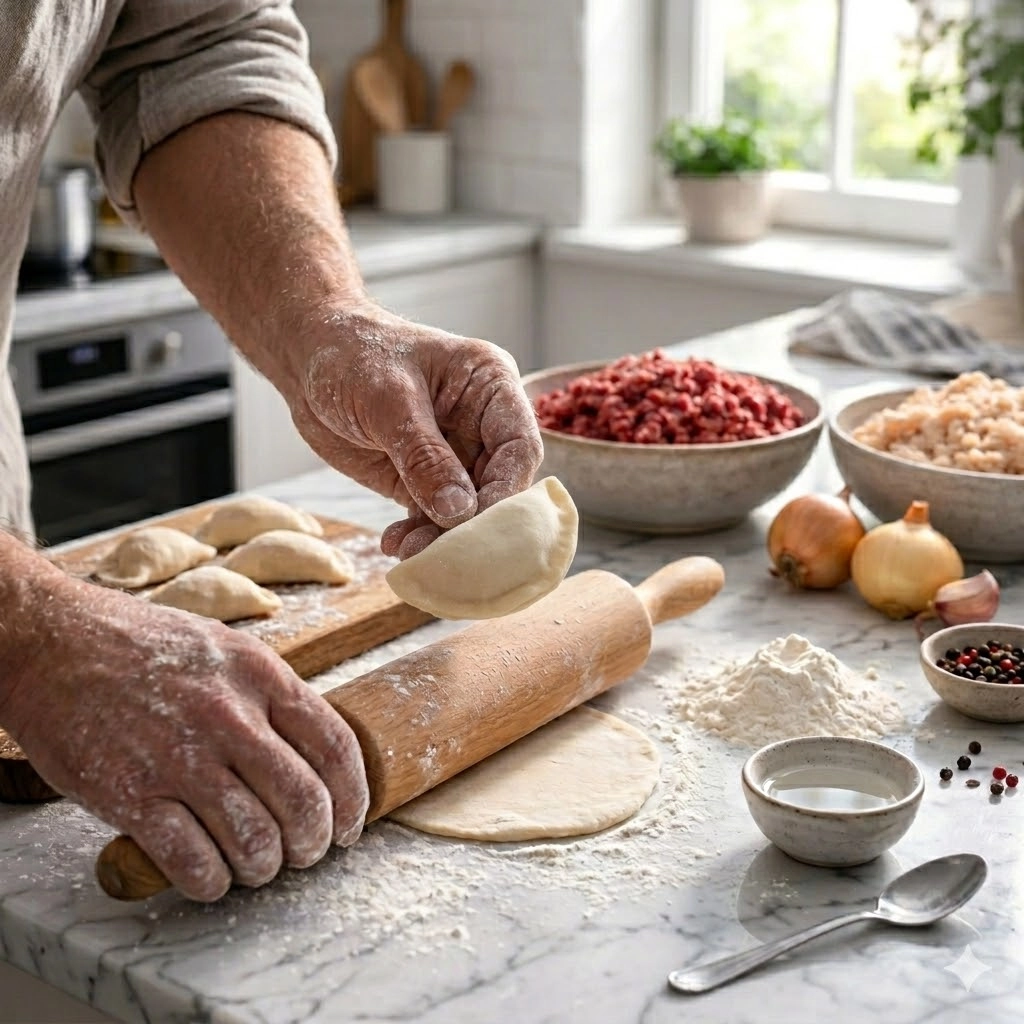 Процесс лепки домашних пельменей с говядиной и свининой вручную.