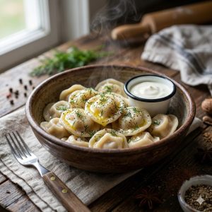 Сочные домашние пельмени с бараниной ручной лепки на тарелке.