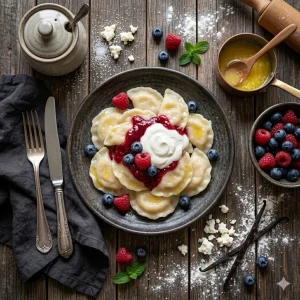 Домашние сладкие вареники с творогом ручной лепки на тарелке.