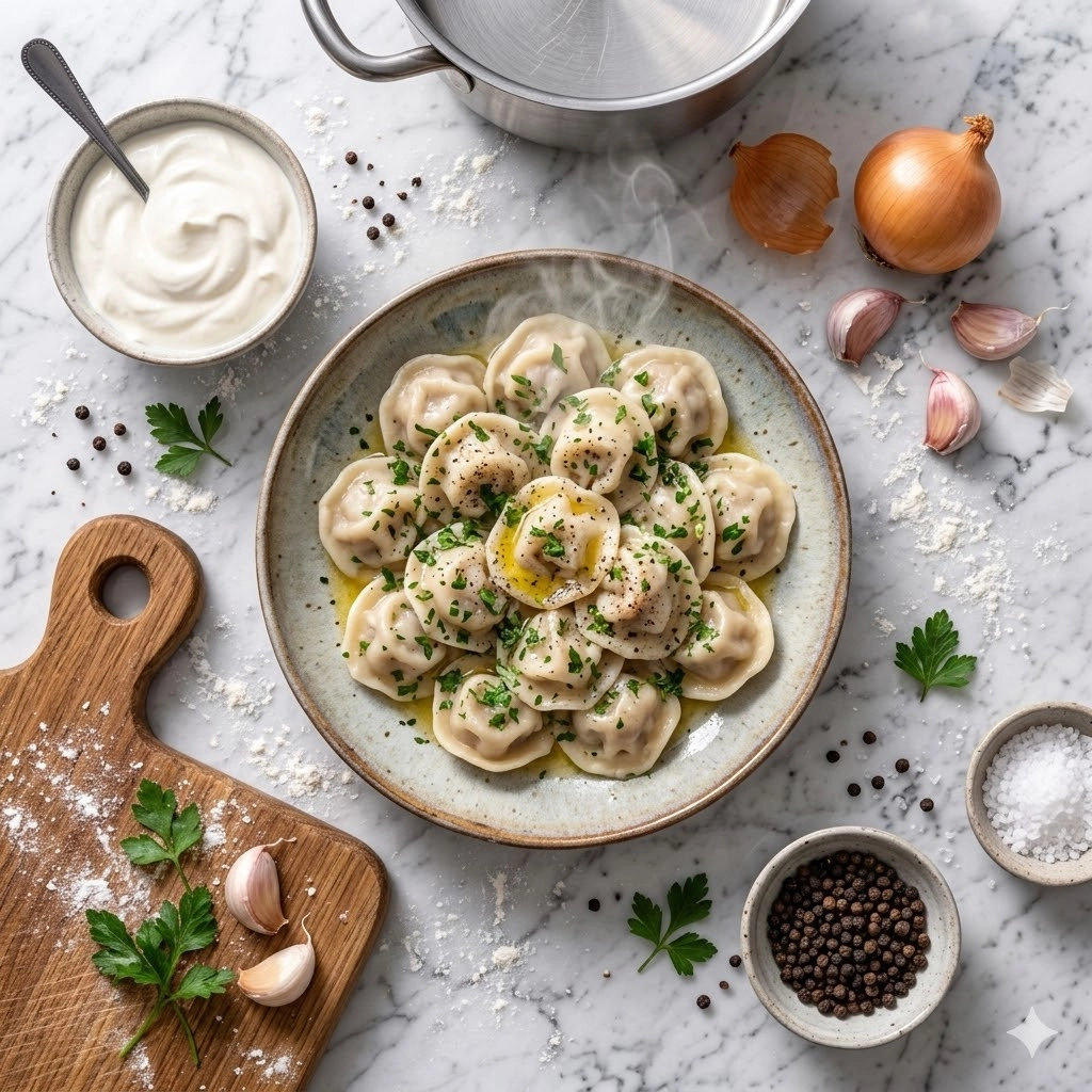 Сочные пельмени из смешанного мясного фарша со сметаной и зеленью.