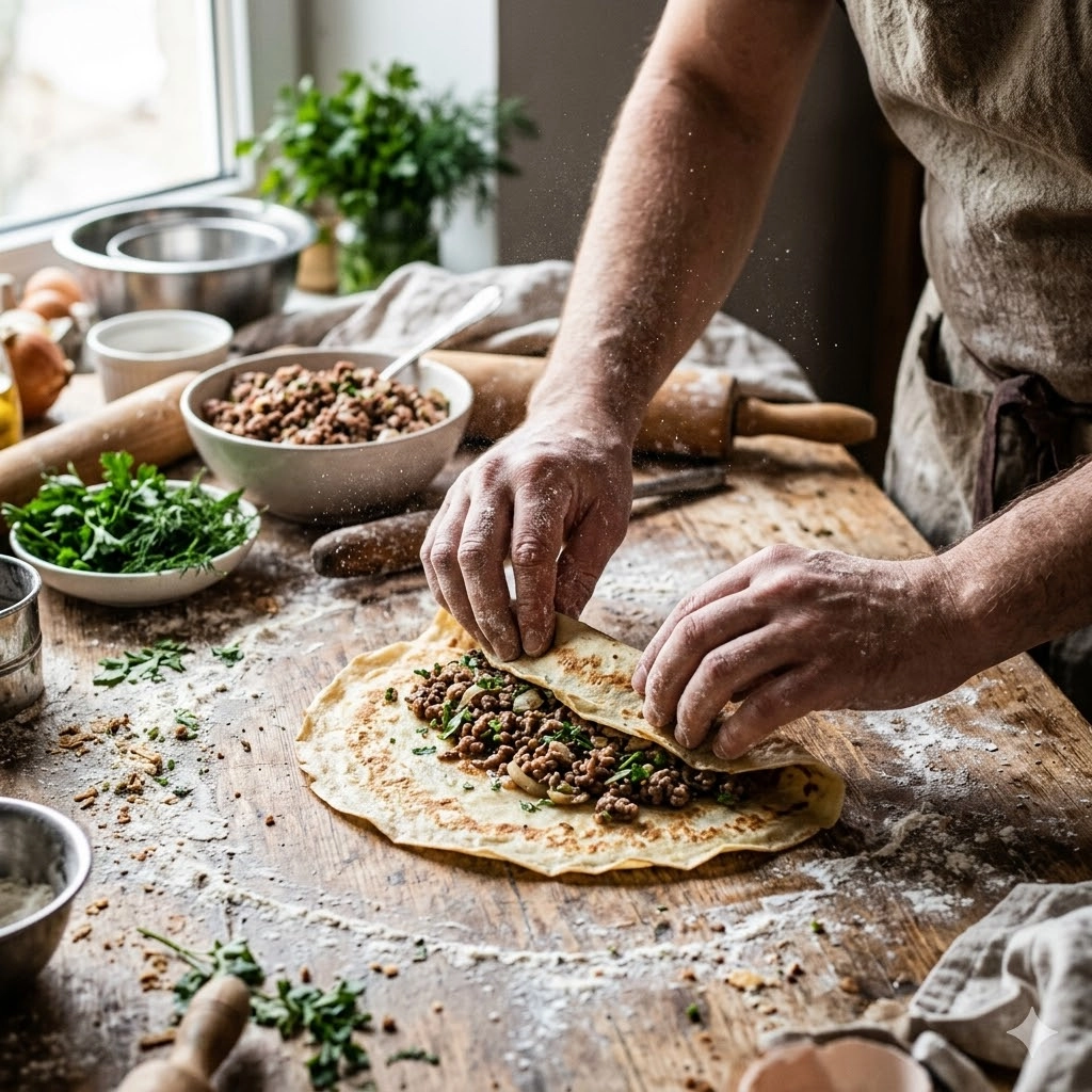 Замороженные блинчики с мясом телятины ручной работы для быстрого ужина.