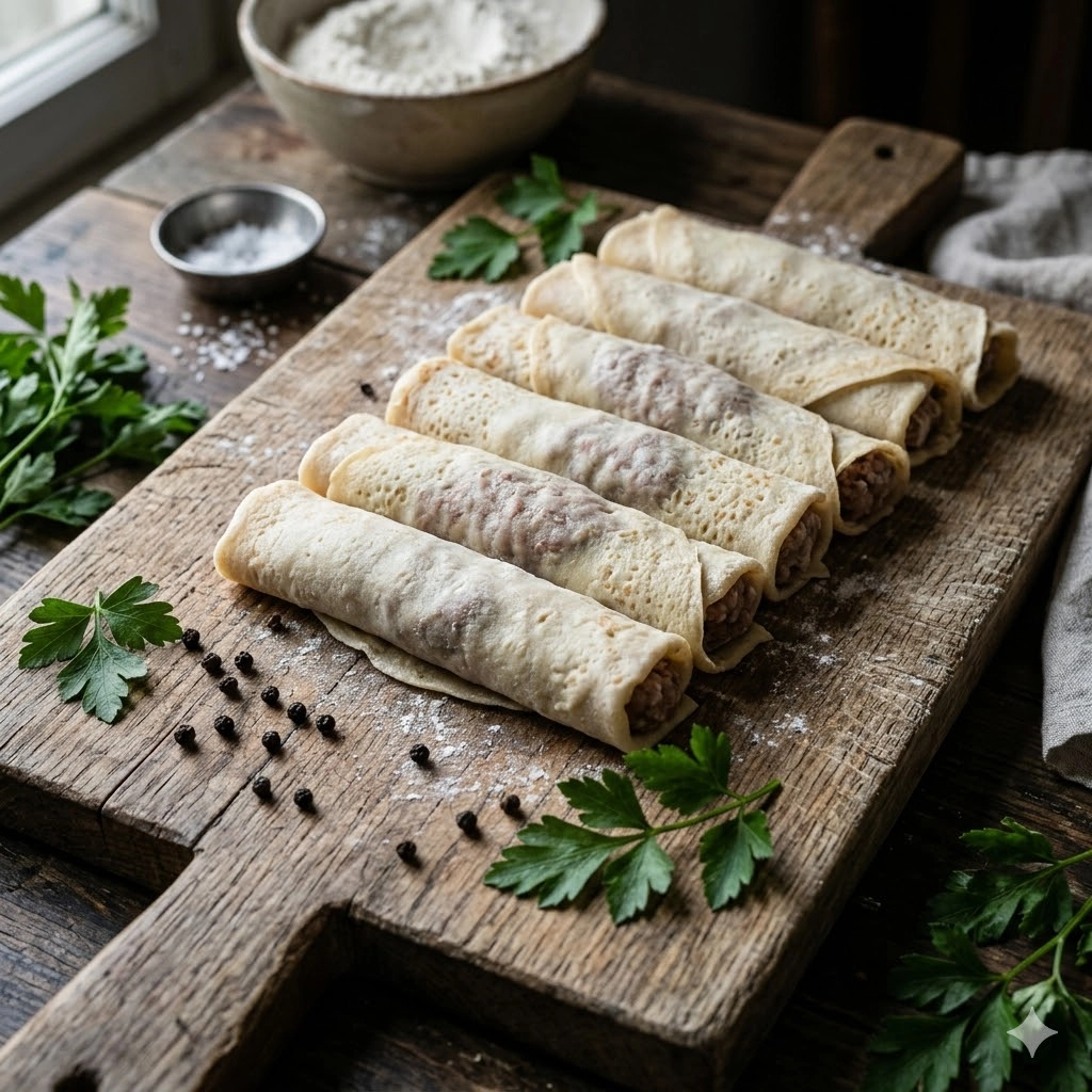 Процесс приготовления блинов с телятиной из натуральных ингредиентов.