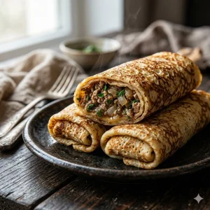 Домашние блины с начинкой из нежной телятины, обжаренные до золотистой корочки.