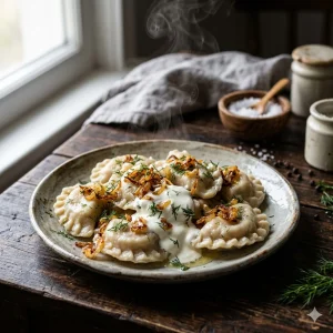 Тарелка горячих вареников с творогом, сливочным маслом и сметаной