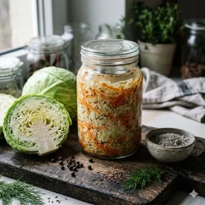 Хрустящая домашняя квашеная капуста с морковью в прозрачной банке.