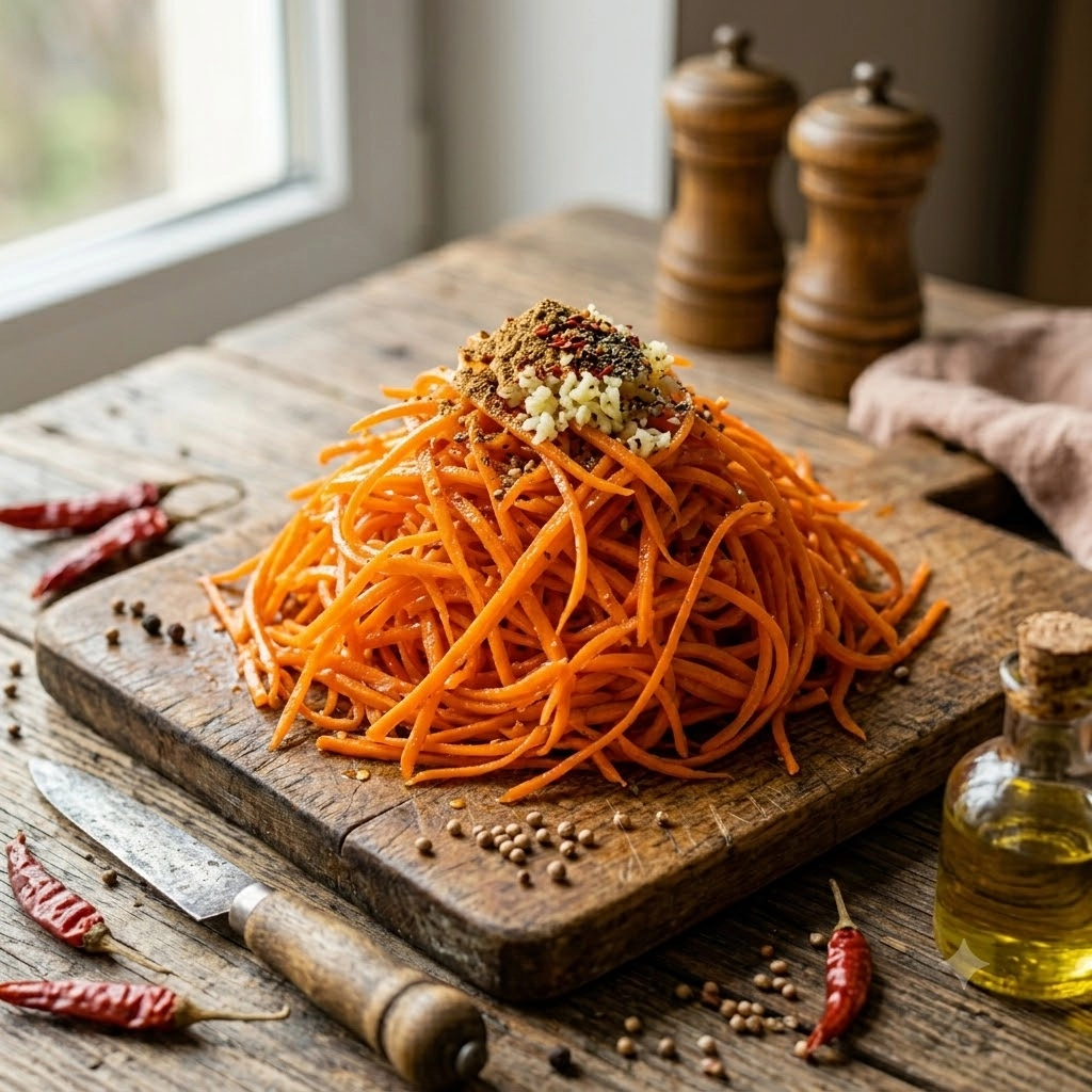 Свежая хрустящая морковь по-корейски крупным планом