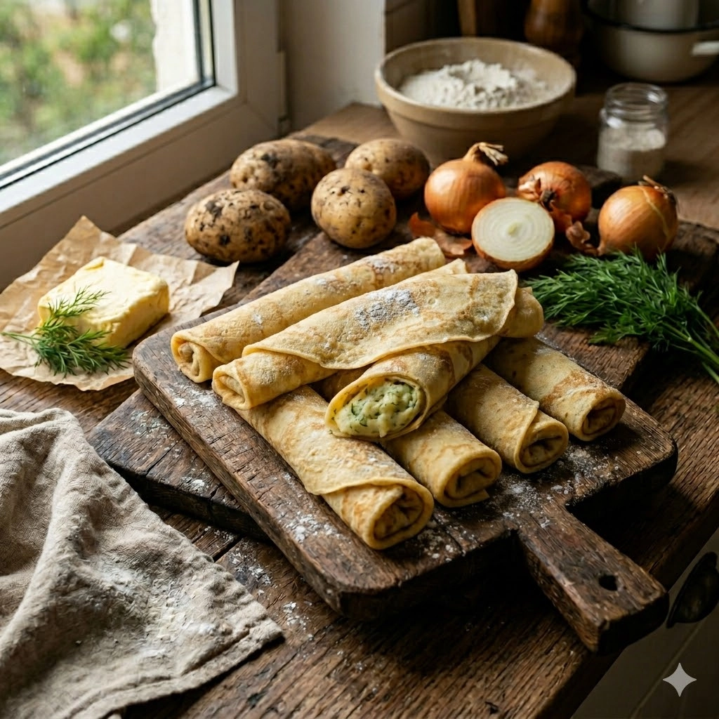 Готовые вареники с картошкой, политые сливочным маслом и зеленью