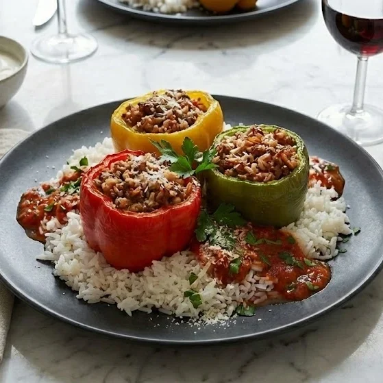 Сочные фаршированные перцы с говядиной и рисом в соусе.